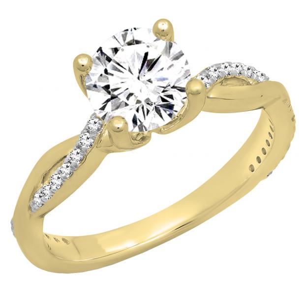 0.70 Carat (ctw) 14K Yellow Gold Round Diamond Solitaire With Accents Bridal Engagement Ring 3/4 CT