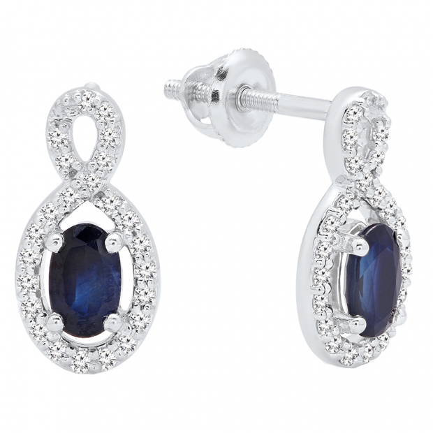 18K White Gold 5X3 MM Each Oval Cut Blue Sapphire & Round Cut Diamond Ladies Infinity Drop Earrings