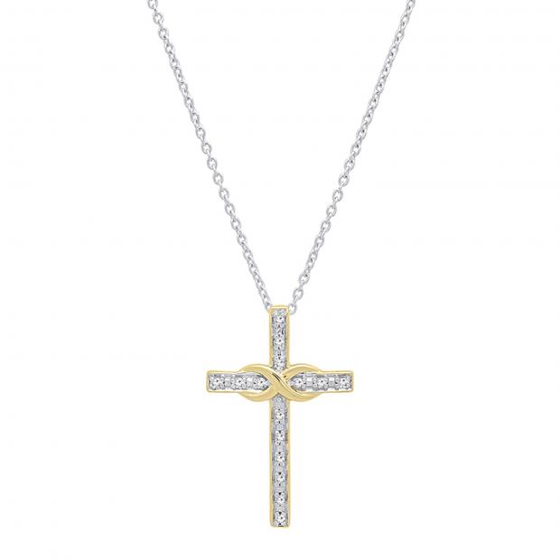 0.06 Carat (ctw) 14K Yellow Gold Round White Diamond Ladies Cross Pendant (Silver Chain Included)