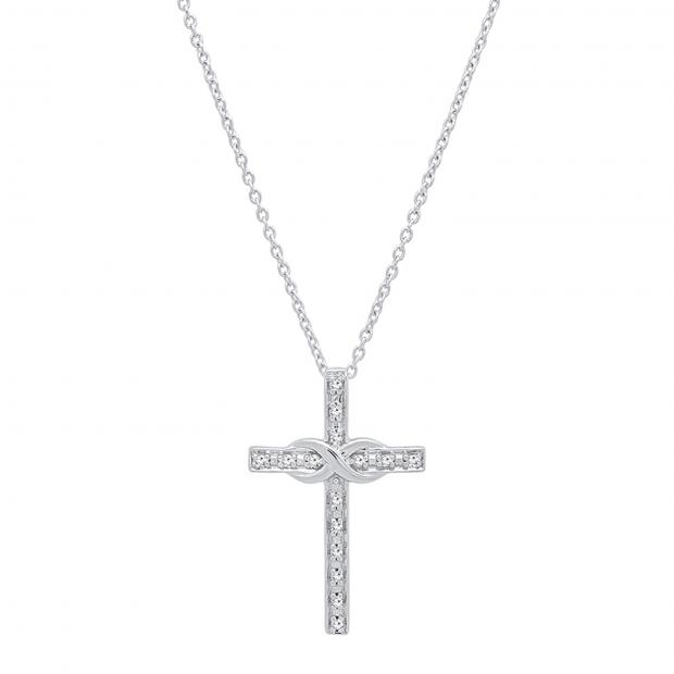 0.06 Carat (Ctw) Sterling Silver Round White Diamond Ladies Cross Pendant (Silver Chain Included)