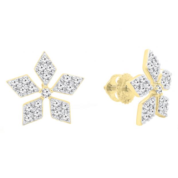 0.65 Carat (ctw) 10K Yellow Gold Round Cut White Diamond Ladies Flower Shape Stud Earrings