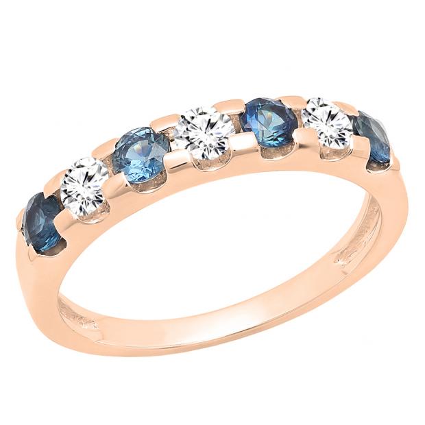 10K Rose Gold Round 3.20 MM Blue Sapphire & White Diamond Ladies Anniversary Wedding Band