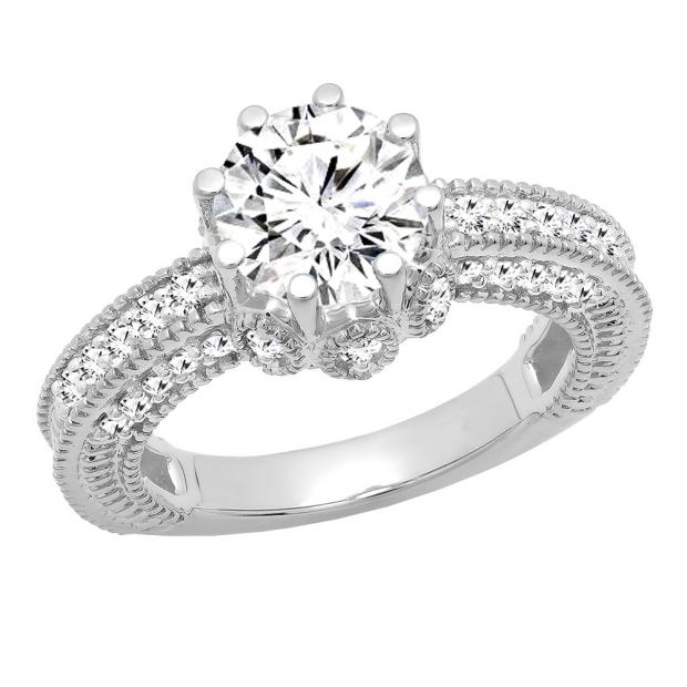 1.00 Carat (ctw) 14K White Gold Round Cut White Diamond Bridal Cluster Engagement Ring 1 CT