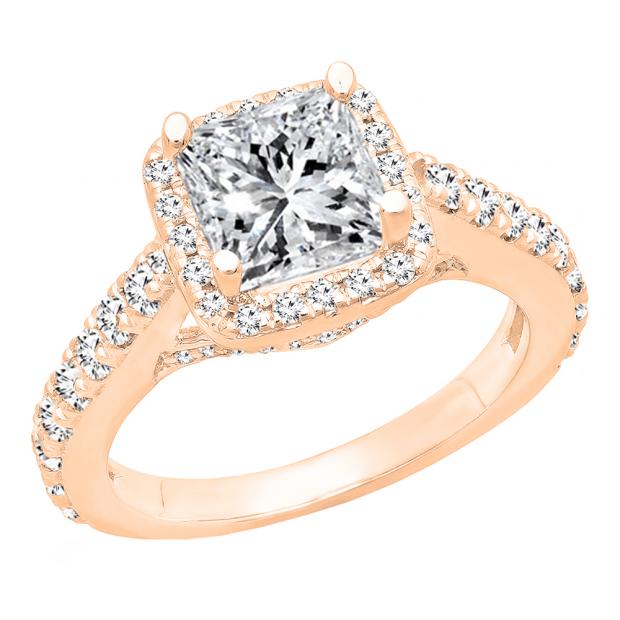 1.25 Carat (ctw) 14K Rose Gold Princess & Round Cut Diamond Bridal Halo Engagement Ring 1 1/4 CT