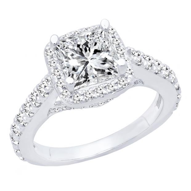 1.25 Carat (ctw) 14K White Gold Princess & Round Cut Diamond Bridal Halo Engagement Ring 1 1/4 CT