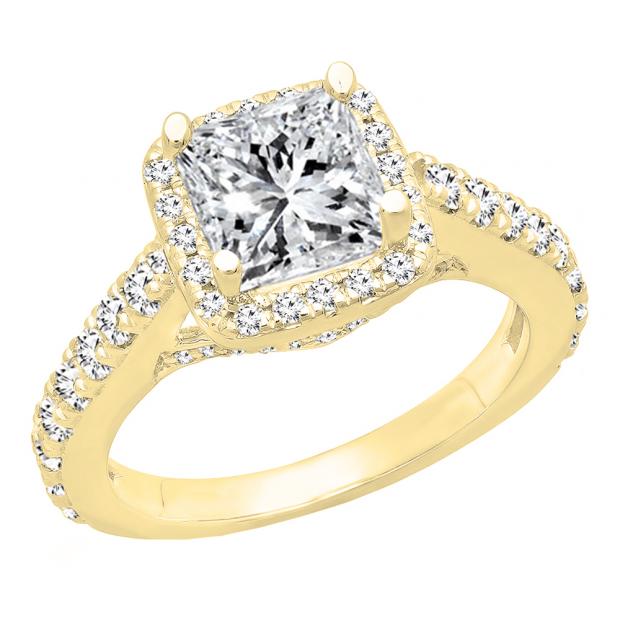 1.25 Carat (ctw) 14K Yellow Gold Princess & Round Cut Diamond Bridal Halo Engagement Ring 1 1/4 CT