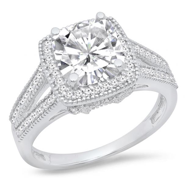 0.90 Carat (ctw) 10K White Gold Cushion & Round Cut Diamond Ladies Halo Split Shank Engagement Ring
