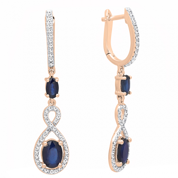18K Rose Gold Each Oval Cut Blue Sapphire & Round Diamond Ladies Infinity Drop Earrings