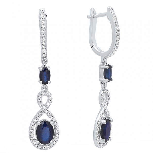 18K White Gold Each Oval Cut Blue Sapphire & Round Diamond Ladies Infinity Drop Earrings