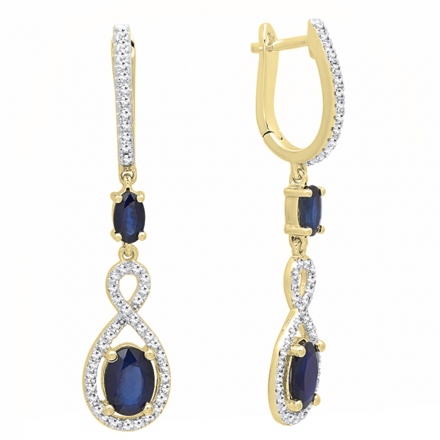 18K Yellow Gold Each Oval Cut Blue Sapphire & Round Diamond Ladies Infinity Drop Earrings