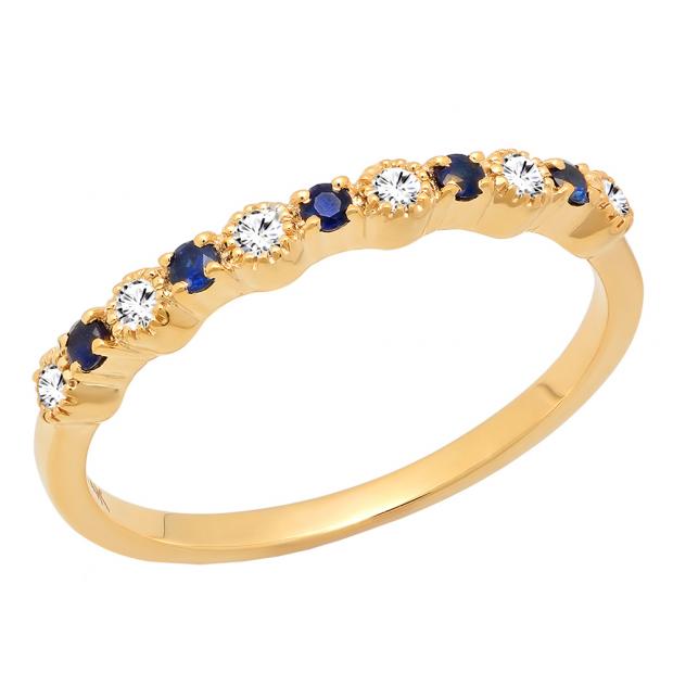 10K Yellow Gold Round Blue Sapphire And White Diamond Ladies Bridal Wedding Band Anniversary Ring