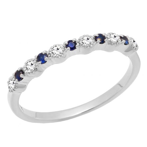 14K White Gold Round Blue Sapphire And White Diamond Ladies Bridal Wedding Band Anniversary Ring