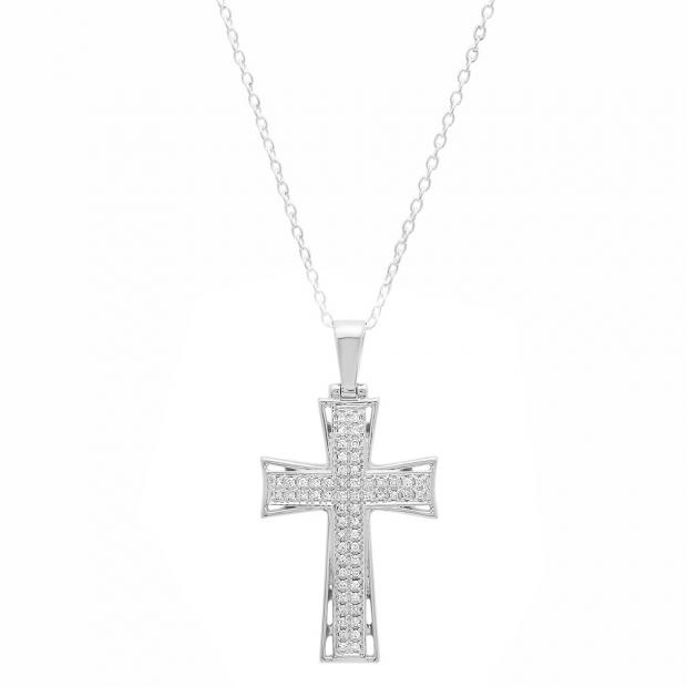 Round White Diamond Religious Cross Pendant with 18 Inch Silver Chain for Men (0.20 ctw Color I-J Clarity I2-I3) in 10K White Gold