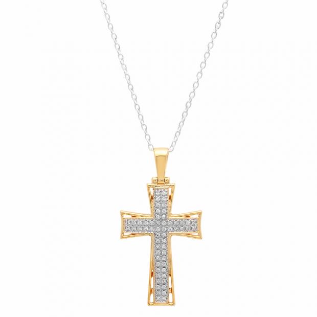 Round White Diamond Religious Cross Pendant with 18 Inch Silver Chain for Men (0.20 ctw Color I-J Clarity I1-I2) in 18K Yellow Gold