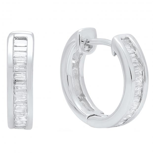 0.18 Carat (ctw) 10K White Gold Baguette Cut White Diamond Ladies Hoop Earrings