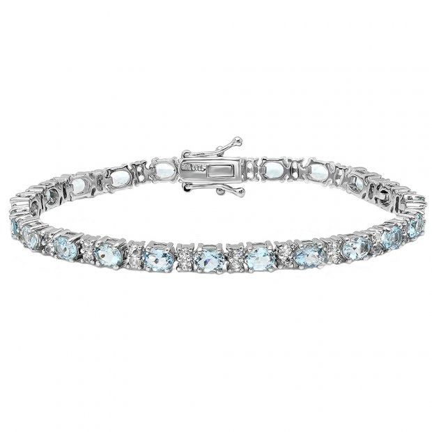 Sterling Silver 5X4 MM Oval Cut Aquamarine & 1.5 MM Round Cut White Sapphire Ladies Tennis Bracelet