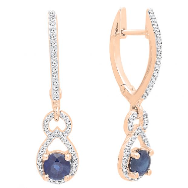 10K Rose Gold Round Cut Each 4 MM Blue Sapphire & White Diamond Ladies Dangling Drop Earrings