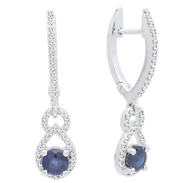 10K White Gold Round Cut Each 4 MM Blue Sapphire & White Diamond Ladies Dangling Drop Earrings