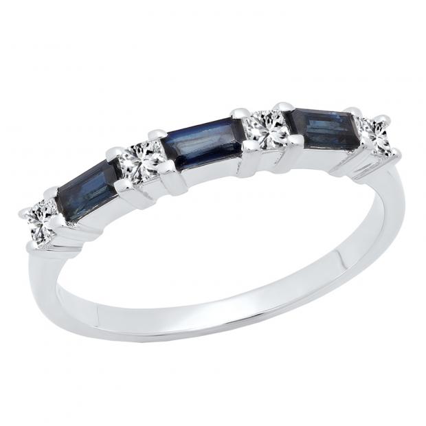 10K White Gold 4X2 MM Baguette Cut Blue Sapphire & Princess Cut Diamond Ladies Wedding Band