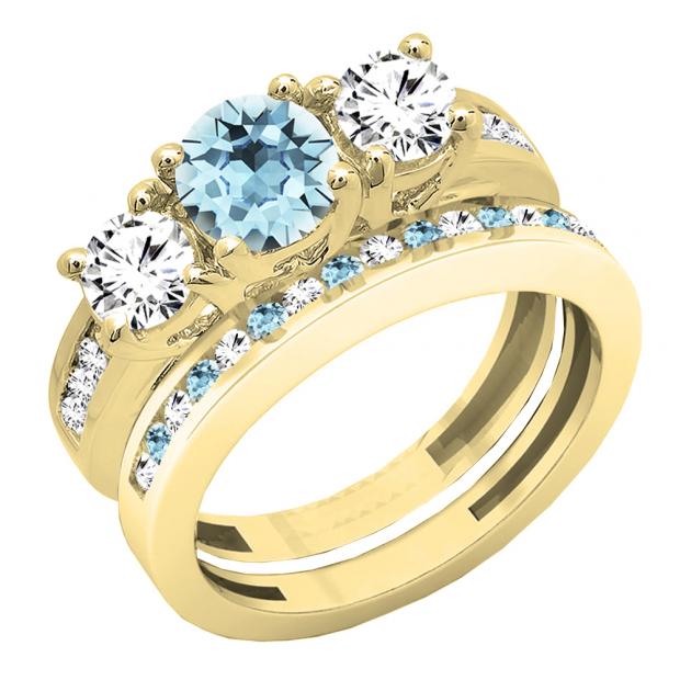 10K Yellow Gold Round Aquamarine & White Diamond Ladies Bridal 3 Stone Engagement Ring Set