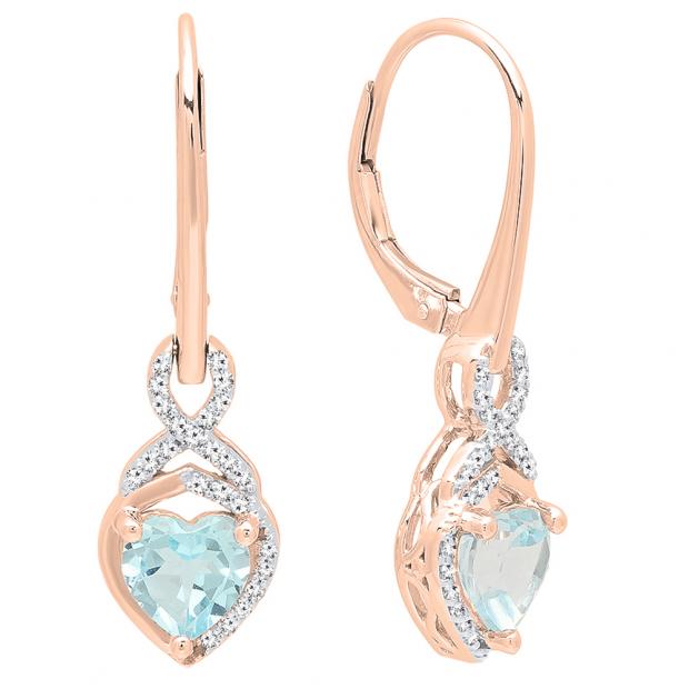 10K Rose Gold 6 MM Each Blue Topaz & Round Cut White Diamond Ladies Heart Shape Drop Earrings