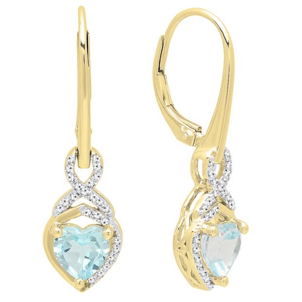 10K Yellow Gold 6 MM Each Blue Topaz & Round Cut White Diamond Ladies Heart Shape Drop Earrings
