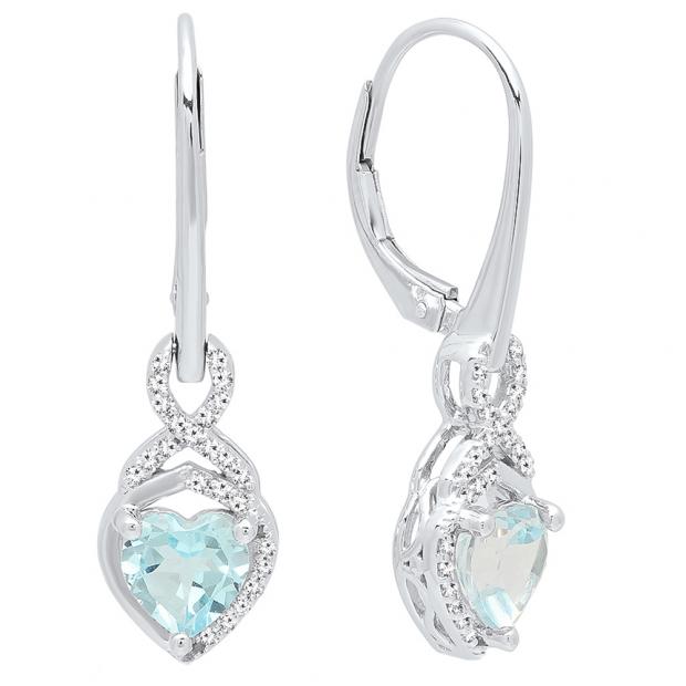 18K White Gold 6 MM Each Blue Topaz & Round Cut White Diamond Ladies Heart Shape Drop Earrings