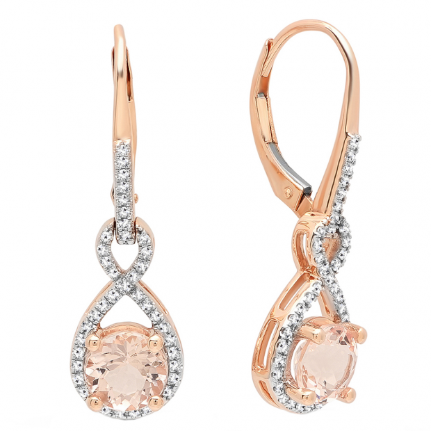 18K Rose Gold 6 MM Each Round Cut Morganite & White Diamond Ladies Infinity Dangling Drop Earrings