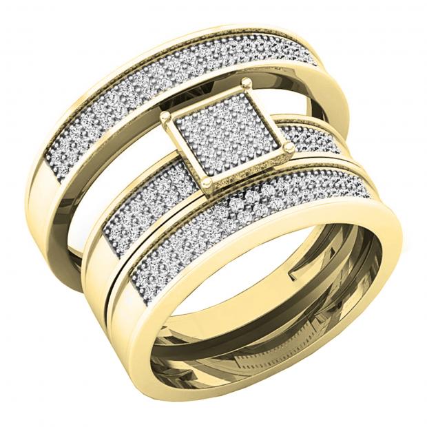 Round White Diamond Square Cluster Bridal Wedding Trio Ring Band Set 3/8 CT (0.40 ctw Color I-J Clarity I1-I2) in 14K Yellow Gold