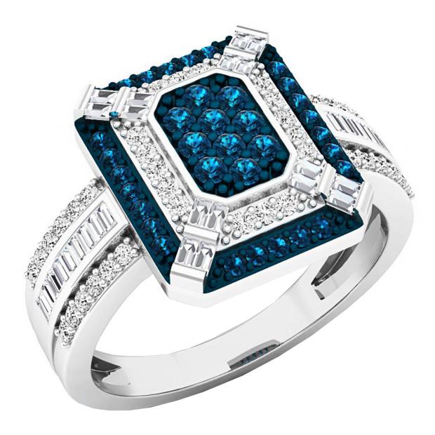 0.65 Carat (ctw) 10K White Gold Baguette & Round Cut White & Blue Diamond Engagement Bridal Ring