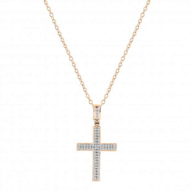 0.18 Cttw Round White Diamond Micro-Pave Cross Slider Unisex Pendant Necklace with 18 inch Gold Chain in 10K Rose Gold