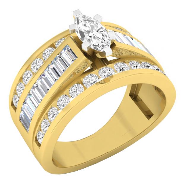 IGI CERTIFIED 1.85 Carat (ctw) 14K Yellow Gold Marquise Baguette & Round Cut Diamond Ladies Ring