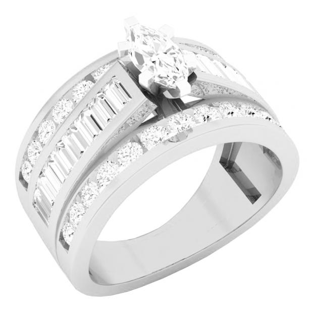 1.85 Carat (ctw) 18K White Gold Marquise Baguette & Round Cut Diamond Ladies Engagement Ring