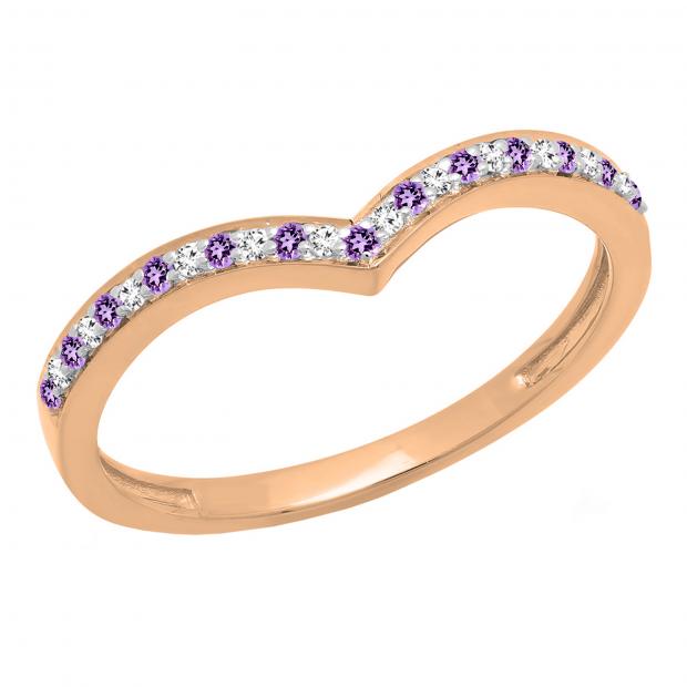 10K Rose Gold Round Amethyst & White Diamond Wedding Stackable Band Anniversary Guard Chevron Ring