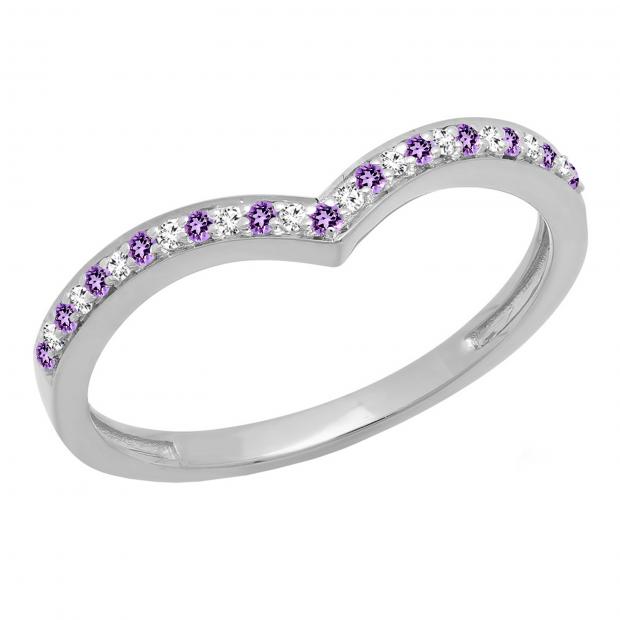10K White Gold Round Amethyst & White Diamond Wedding Stackable Band Anniversary Guard Chevron Ring