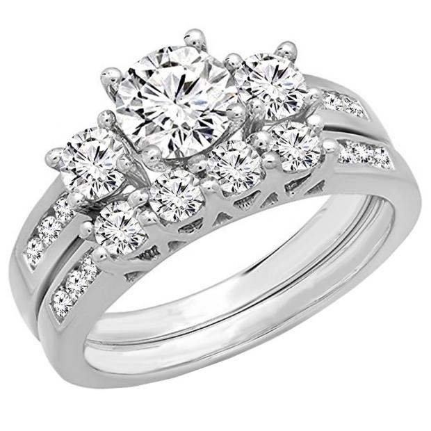 1.80 Carat (ctw) 10K White Gold Round Diamond Bridal 3 Stone Engagement Ring With Matching Band Set