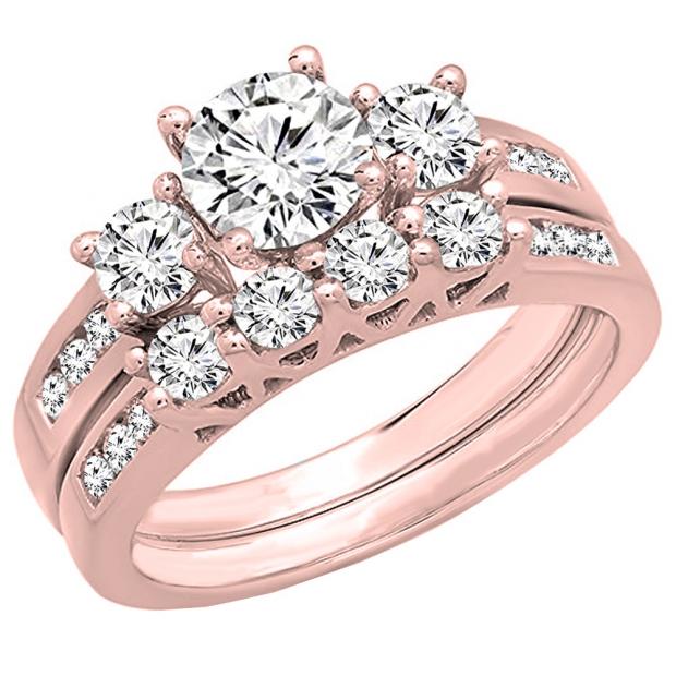 1.80 Carat (ctw) 18K Rose Gold Round Diamond Bridal 3 Stone Engagement Ring With Matching Band Set