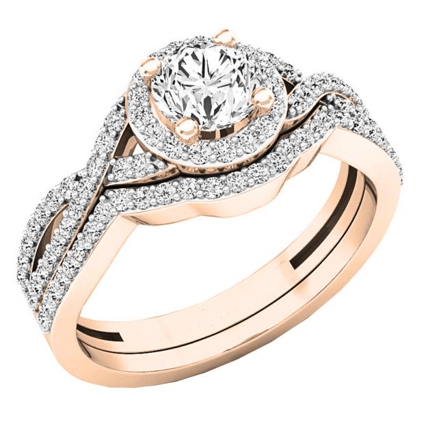 0.95 Carat (ctw) 10K Rose Gold Round Diamond Bridal Swirl Split Shank Engagement Ring Set 1 CT