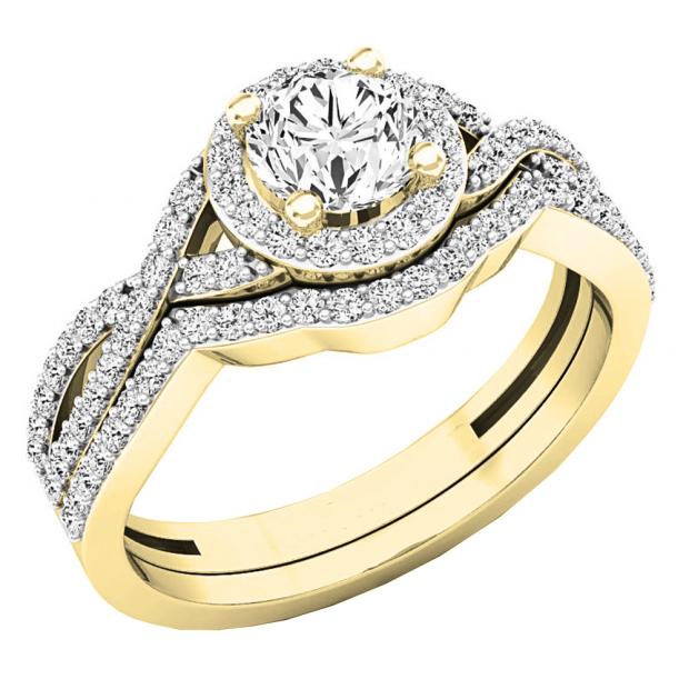 0.95 Carat (ctw) 10K Yellow Gold Round Diamond Bridal Swirl Split Shank Engagement Ring Set 1 CT