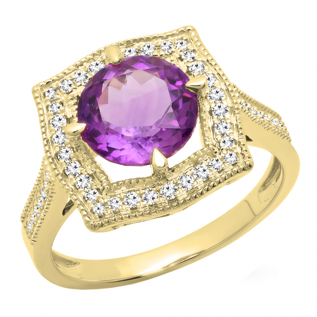 10K Yellow Gold 8 MM Round Cut Amethyst And Diamond Ladies Vintage Bridal Engagement Ring