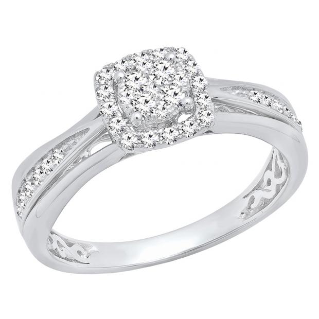 0.33 Carat (ctw) 14K White Gold Round Cut Diamond Bridal Halo Style Cluster Engagement Ring 1/3 CT