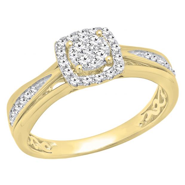 0.33 Carat (ctw) 14K Yellow Gold Round Cut Diamond Bridal Halo Style Cluster Engagement Ring 1/3 CT