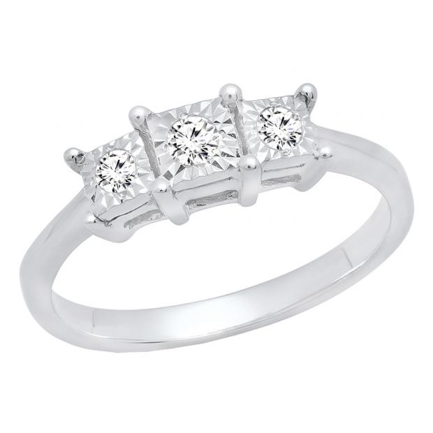 0.15 Carat (ctw) 14K White Gold Round Diamond Ladies Bridal 3 Stone Engagement Ring