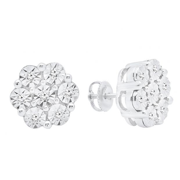 0.15 Carat (ctw) Sterling Silver Round Cut White Diamond Ladies Cluster Flower Stud Earrings