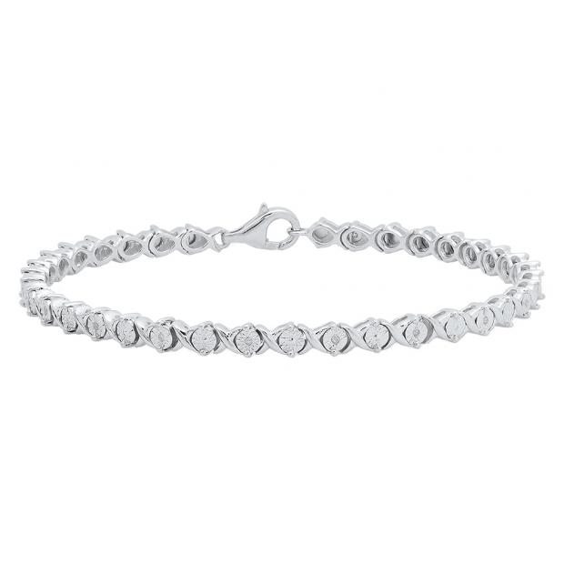 0.10 Carat (ctw) Sterling Silver Round Cut White Diamond Ladies X Shape Tennis Bracelet 1/10 CT