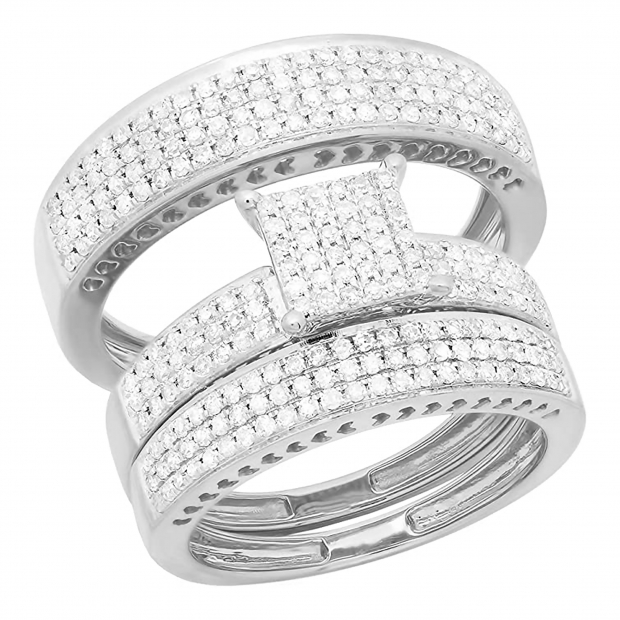 1.10 Carat Round White Diamond Micro Pave Trio Ring Set for Couple in 18K White Gold