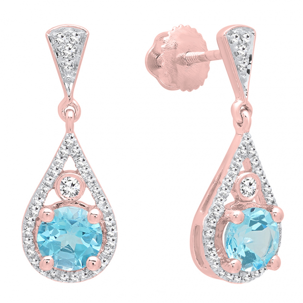 10K Rose Gold 5.5 MM Each Round Cut Blue Topaz & White Diamond Ladies Drop Earrings