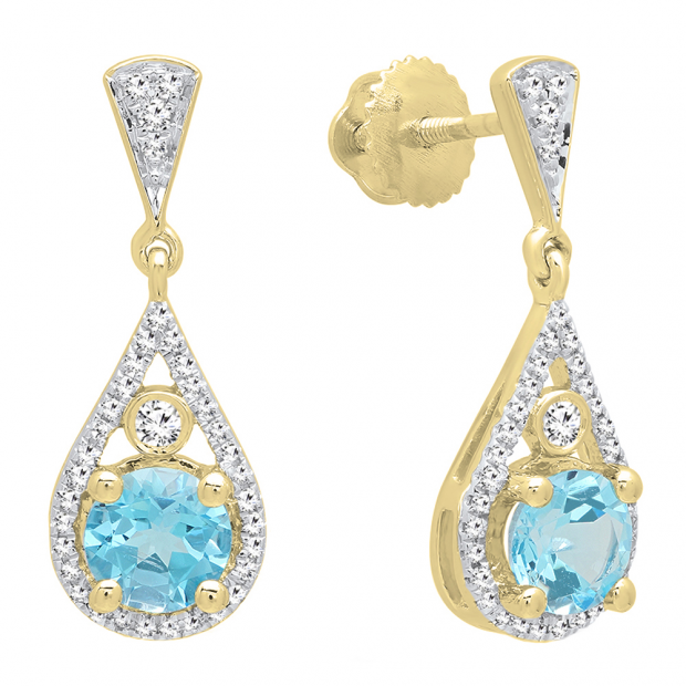 10K Yellow Gold 5.5 MM Each Round Cut Blue Topaz & White Diamond Ladies Drop Earrings