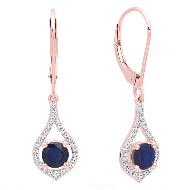 10K Rose Gold Round 5 MM Blue Sapphire & White Diamond Ladies Dangling Drop Earrings