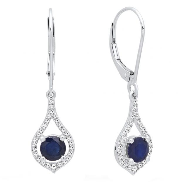 10K White Gold Round 5 MM Blue Sapphire & White Diamond Ladies Dangling Drop Earrings